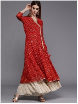 Women Red & Beige Printed Chiffon Anarkali Bandhni Kurta